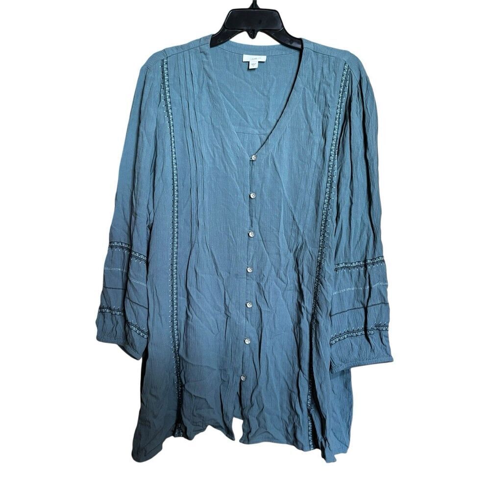 J Jill Tunic Top Women Large Blue Gauze Embroidered Button V Neck Blouse